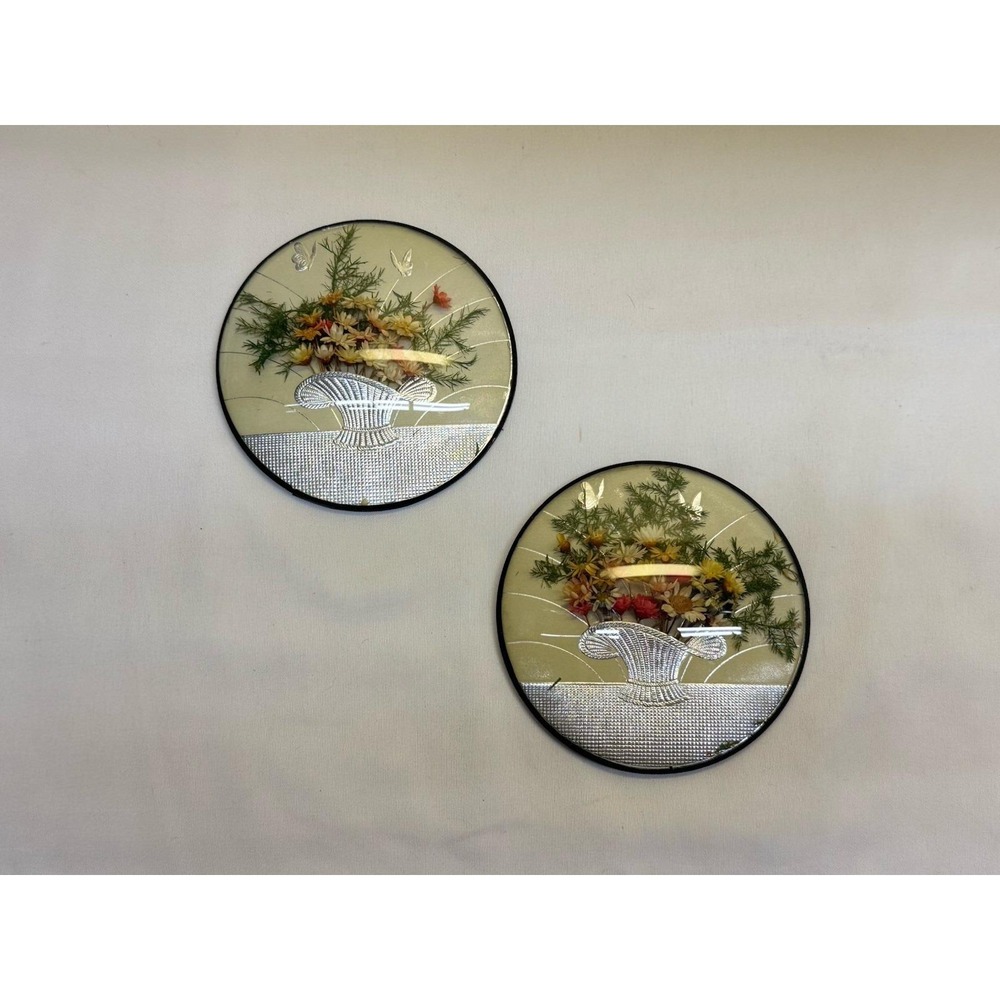 VTG Peter Watsons Studio Dried Flower Bubble Glass Convex Round Wall Art 4"